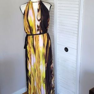 CARIBBEAN QUEEN Maxi Halter Dress, Yellow/Brown